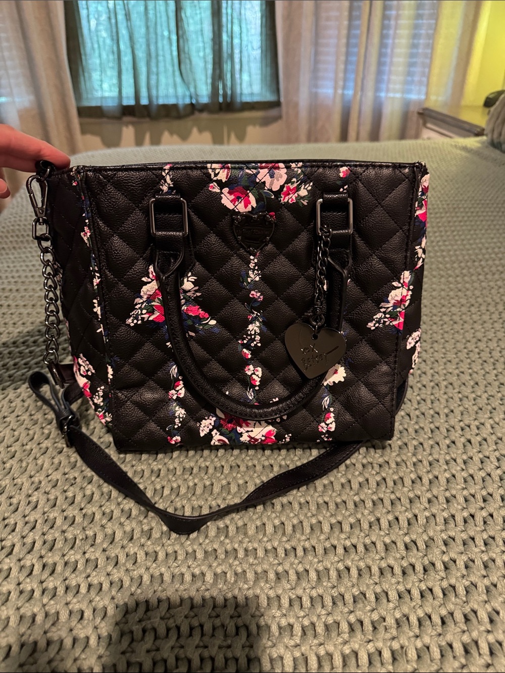 Betsey Johnson Black Quilted Floral Shoulder Bag with Heart Charm